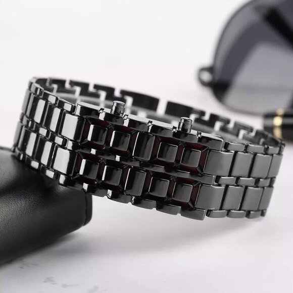 LED Digital Watch, Black & Red Stainless‎ Steel Lava Style, Samurai Bracelet - Picture 10 of 13